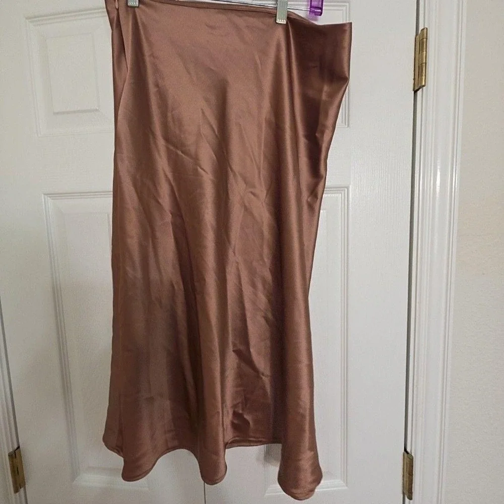 Altar'd State Skirt Womens L Brown Satin A-Line Midi Front Slit Stretch Pull On